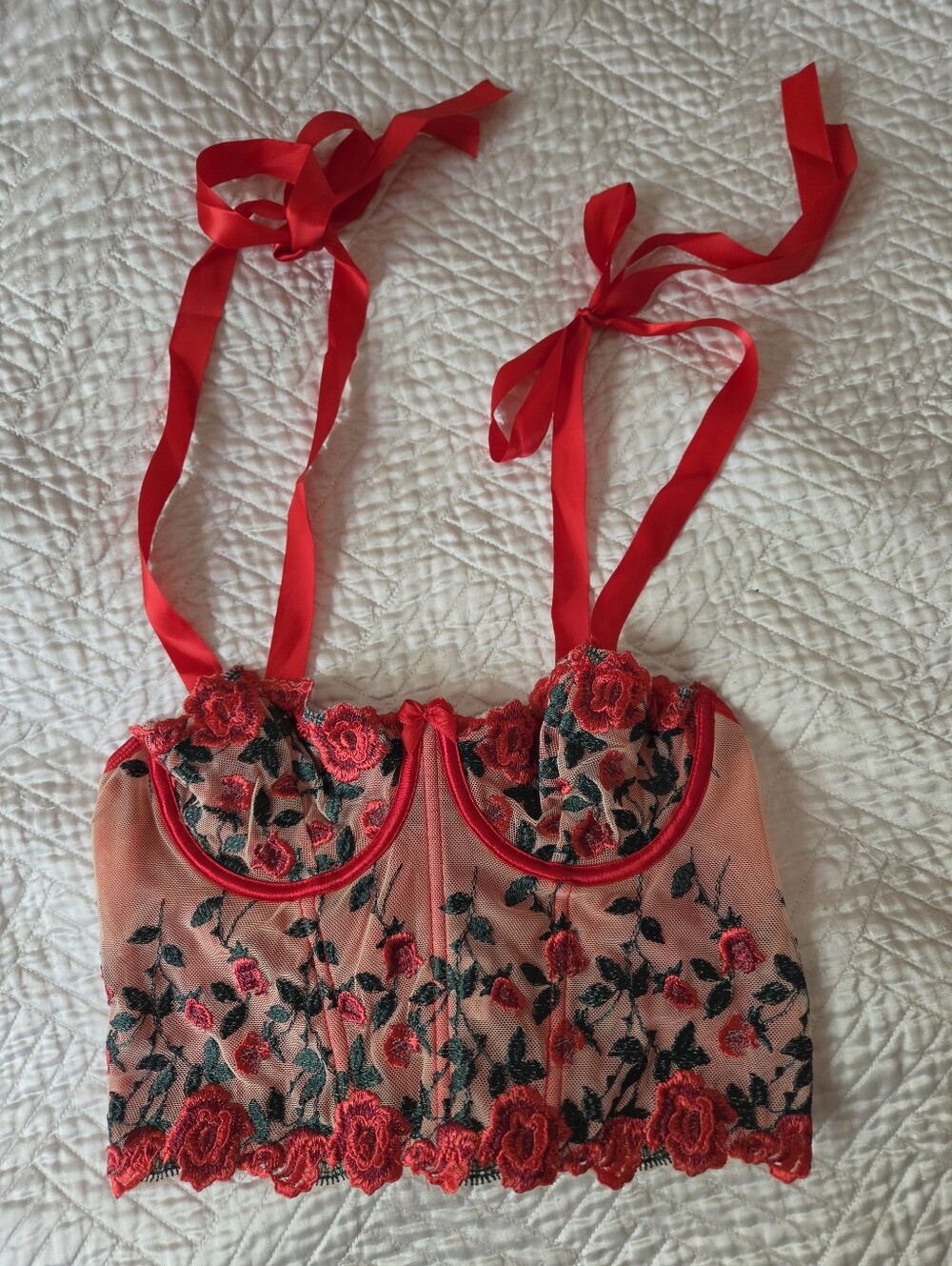 Red Rose Embroidered Mesh Tie-Shoulder Corset Crop Top Size S - Picture 3 of 10